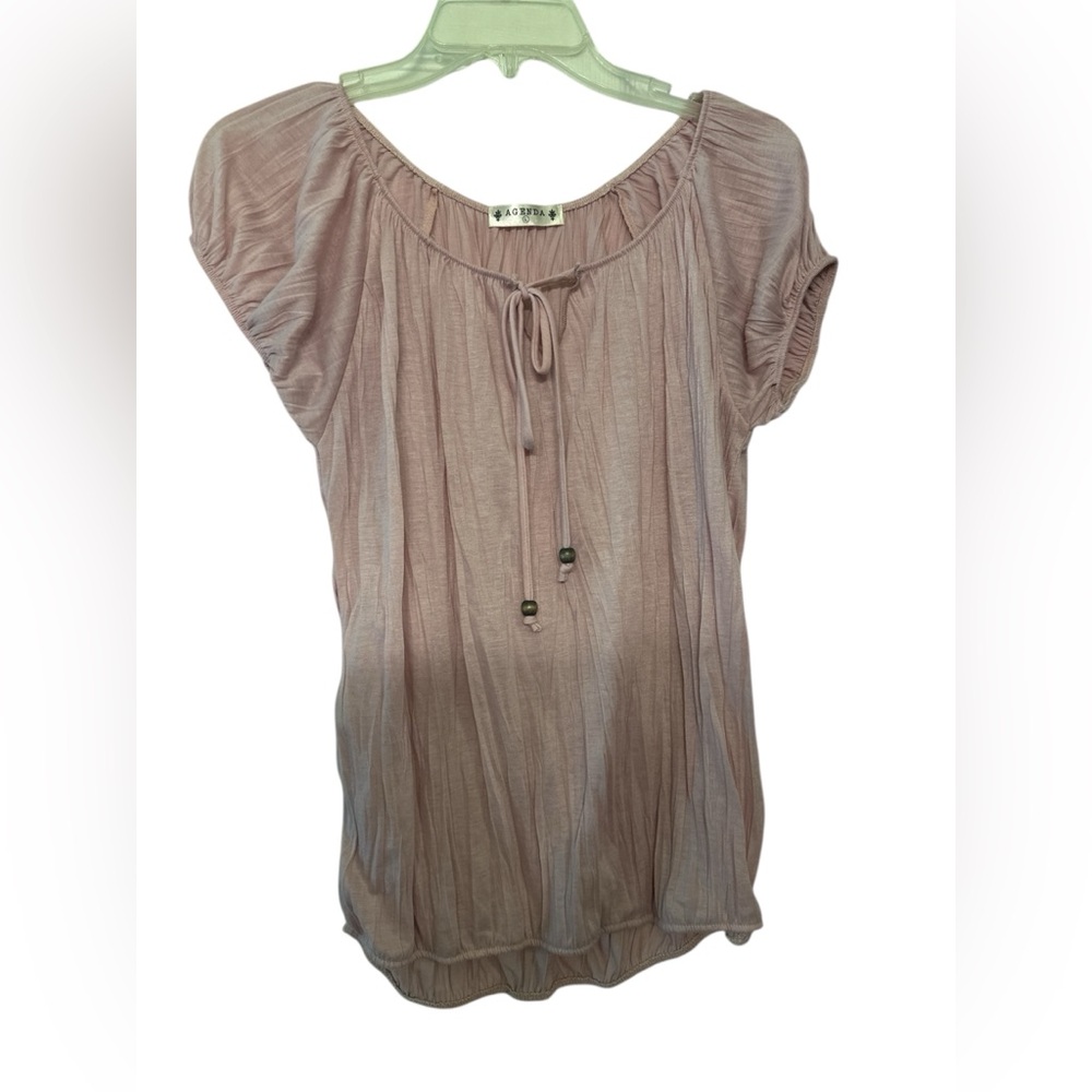 Agenda Tan Puff Sleeve Blouse with Tie Front